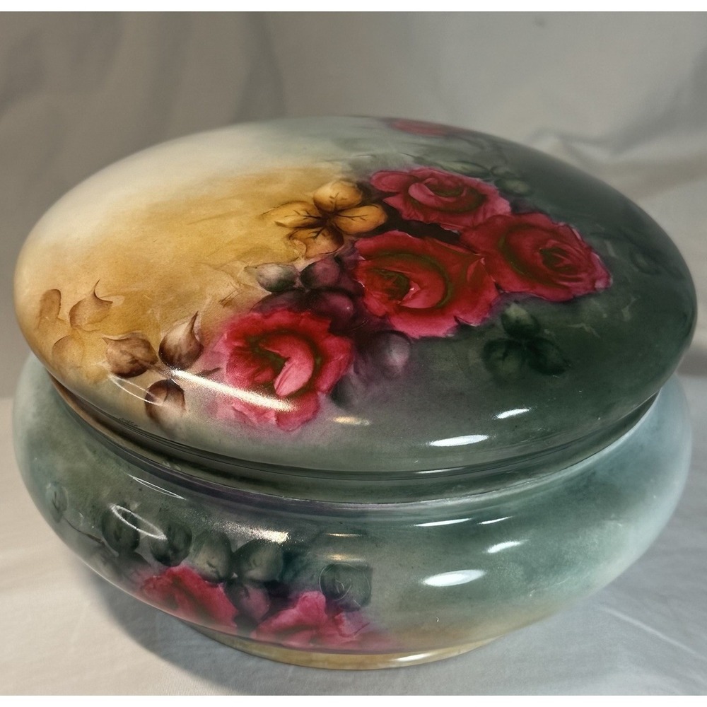 Antique Victorian Hand Painted Cabbage Rose Dresser Jar Signed M Grose 7.5"
